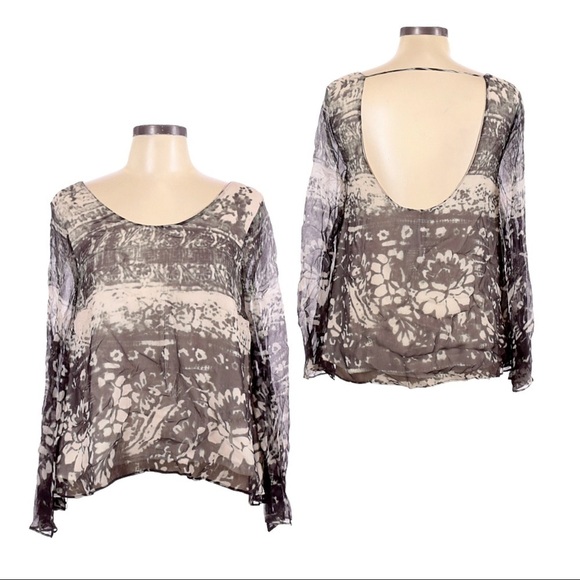 Chaser 100% Silk Long Sleeve Scoop Neck Boho Open Back Floral Blouse Size M - Picture 1 of 10